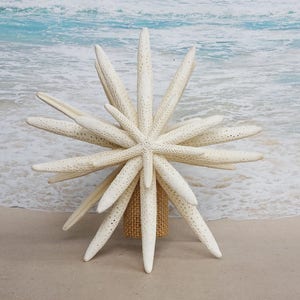 Double-sided Starfish Tree Topper - Rustic Coastal Nautical Beach Christmas Ornament Xmas Beach Tropical stem pick tree top 360 white