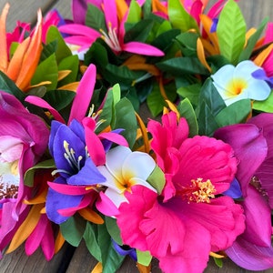 Tropical Forever Haku - adjustable Tahitian flower crown with hibiscus, birds of paradise, cymbidium orchids, tiger lilies, plumeria, lilies