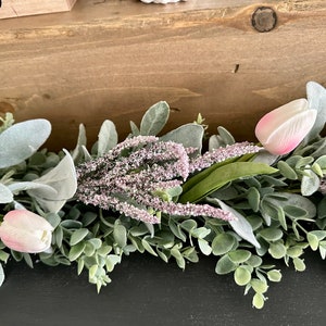 Spring Garland, Real Touch Tulips & Lavender Garland, Mantel Garland, Easter Decoration, Spring Decor, Swag, eucalyptus lambs ear tulip pink
