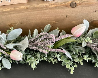 Spring Garland, Real Touch Tulips & Lavender Garland, Mantel Garland, Easter Decoration, Spring Decor, Swag, eucalyptus lambs ear tulip pink