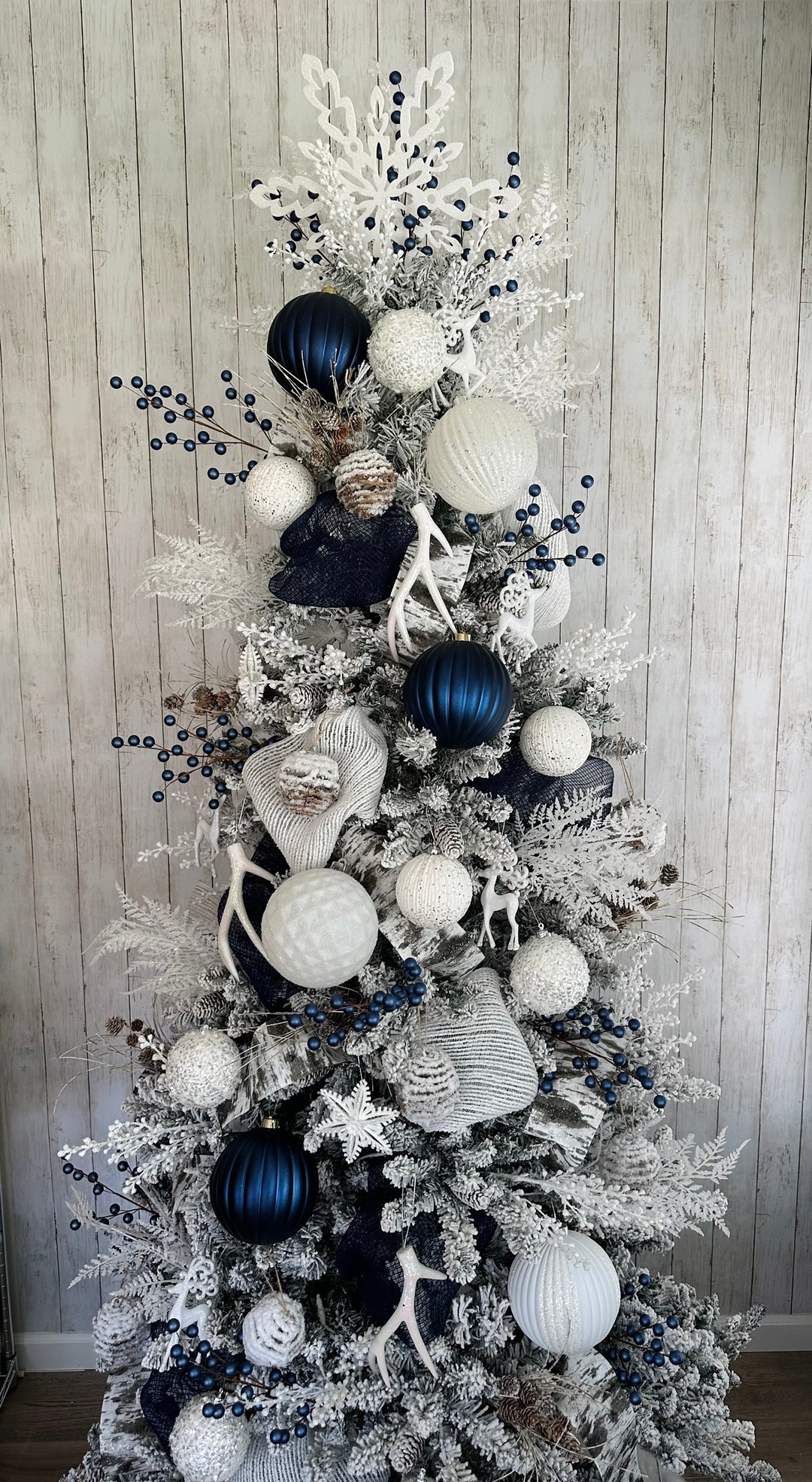 White Navy Christmas Tree Kit Woodland bundle Includes Ornaments Picks Topper Navy Coast White Winter Wonderland Decorate Xmas Blue Etsy
