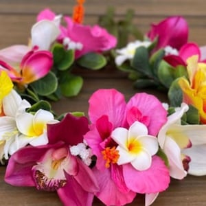 Tropical Forever Haku - adjustable Tahitian flower crown with hibiscus, cymbidium orchids, tiger lilies, plumeria and greenery- lei headband