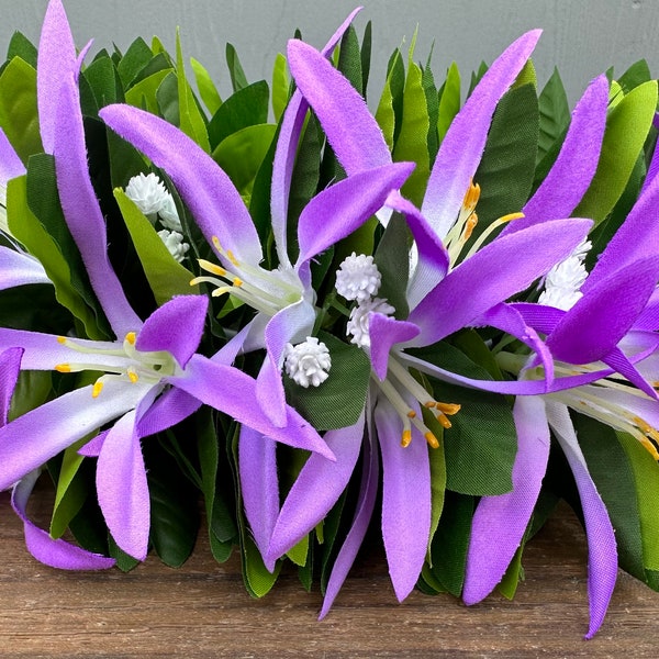 Flower Crown Haku headband- silk expandable Maile leaf crown w/ spider lilies and baby’s breath - Hawaiian Tahitian head crown lei lavender