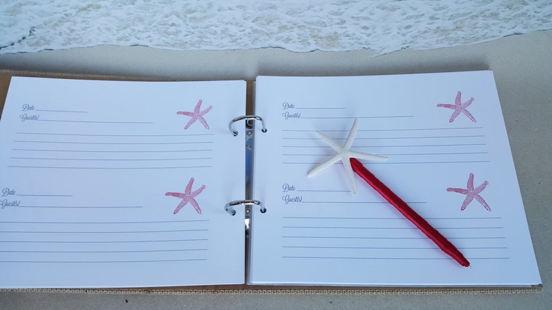 Pen Inlcuded Coastal Sign In Book Starfish Sand Surf Coast Cottage Home Beach House Guest Book Set Customized Monogram and Welcome Page