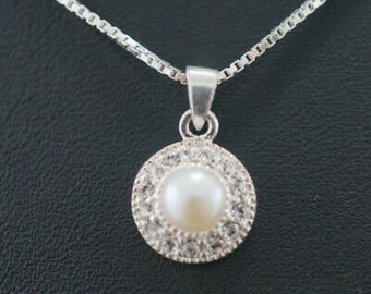 Lovely 925 Silver Necklace & Pendant Sterling Silver Zirconia Pearl Vintage