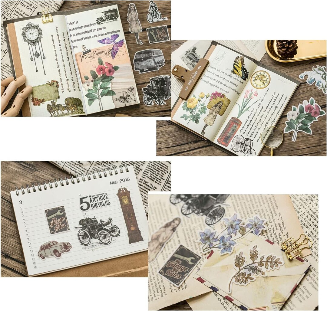 240 Pieces Scrapbooking Stickers Flowers Plants Retro Vintage Vehicles ...