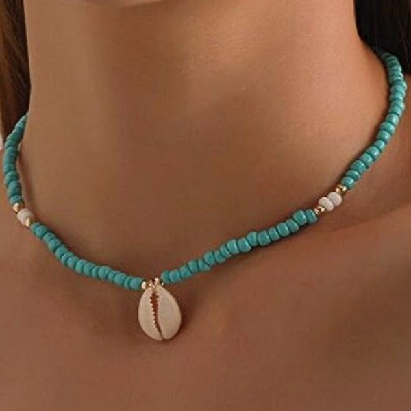 Choker Kette Muschelkette Surferkette Strandkette Türkise Sommerkette Minimalistisch Handgefertigt