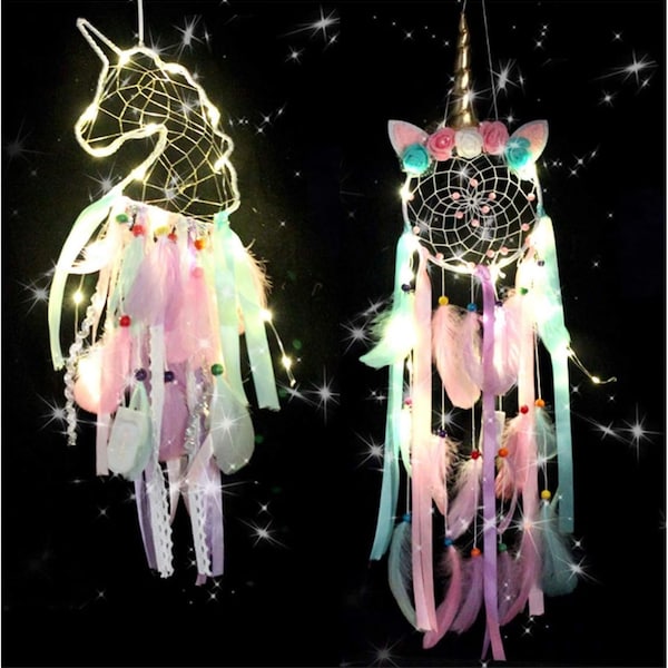 Einhorn Traumfänger mit Federn, bunten Bändern und LED Beleuchtung Mädchen Traumfänger