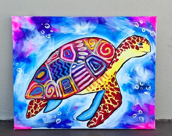 Original Sea Turtle Acrylic Painting: Vibrant Coastal Wall Art, 20x16