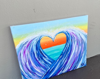 Heart Wave Acrylic Painting: Ocean Sunset Coastal Wall Art, 20x16 Canvas