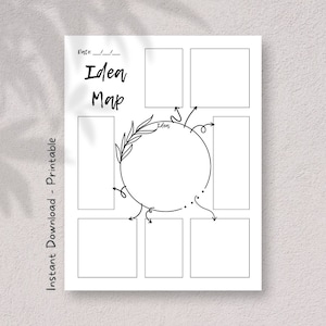 May include: Printable black and white idea map with a circle in the center and four boxes around it. The circle has a floral design and the text "Ideas" inside. The boxes are blank and have arrows pointing towards the circle.