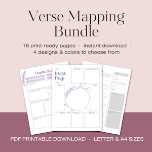 Op de afbeelding: Een bundel afdrukbare vers-mappingpagina's met de tekst "Verse Mapping Bundle". De pagina's zijn wit met blauwe en paarse accenten. De bundel bevat 16 printklare pagina's, direct downloaden en 4 ontwerpen en kleuren om uit te kiezen.