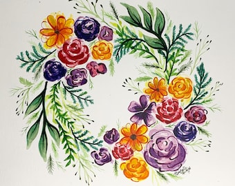 Floral Wreath Watercolor Painting | 12x9 Original Botanical Wall Art | Handmade Garden-Inspired Home Decor Gift