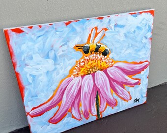 Bee and Flower Acrylic Painting: Original Pollinator Garden Canvas Art (20x16
