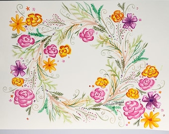 Watercolor Floral Wreath Painting: Cottagecore Botanical Wall Art (12x9 Original Artwork)