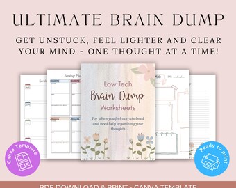 Brain Dump Printable Bundle: Mental Clarity & Anxiety Relief Worksheets (PDF Download, Canva Editable