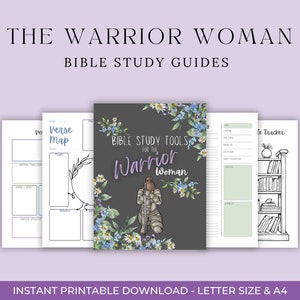 Op de afbeelding: Printbare Bijbelstudiegidsen met de tekst "BIBLE STUDY TOOLS FOR THE WARRIOR WOMAN" in een bloemig ontwerp. De gidsen bevatten een verskaart, een tracker en een pagina voor notities.