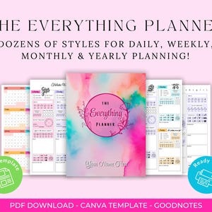 Puede incluir: El Everything Planner, con docenas de estilos para la planificación diaria, semanal, mensual y anual. El planificador tiene un diseño rosa y acuarela. La portada muestra el texto "The Everything Planner" y "Your Name Here".