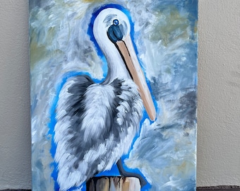 Pelican Acrylic Painting: Original Coastal Beach House Wall Art