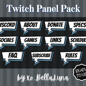 May include: A set of 12 Twitch panel graphics in a comic book style with blue and white accents. The panels feature text such as "Discord", "About", "Donate", "Specs", "Socials", "Games", "Links", "Schedule", "FAQ", "Subscribe", and "Rules".
