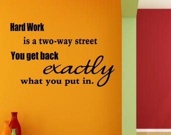 May include: A motivational quote on a yellow wall with a red wall in the background. The quote reads "Hard Work is a two-way street. You get back exactly what you put in."