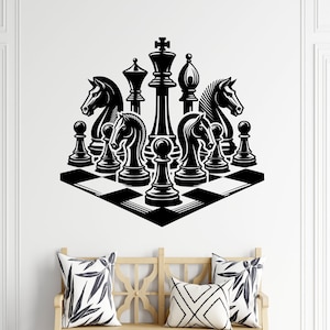 Schachset Aufkleber - Schach Wandkunst - König und Königin Aufkleber - Schachbrett Aufkleber - Schachset Wandkunst - Schachspieler Aufkleber