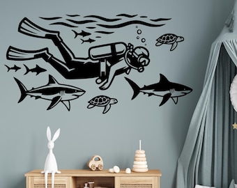 Vinilo decorativo de buceador - Vinilo decorativo para habitación de buceo - Habitación infantil con temática de tiburones - Decoración de buceador - Idea para bucear