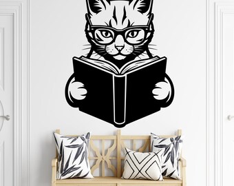 Calcomanía de biblioteca para gatos - Calcomanía de gato leyendo