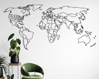 Weltkarte Wandtattoo mit umrandeten Ländern und USA- Weltkarte Aufkleber - Weltkarte Wand-Dekor - Weltkarte Länderumriss