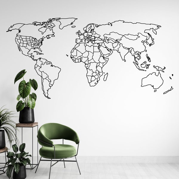 Large World Map Wall Decal with Outlined Countries and United States- World Map Sticker - World Map Wall Decor - World Map Country Outline