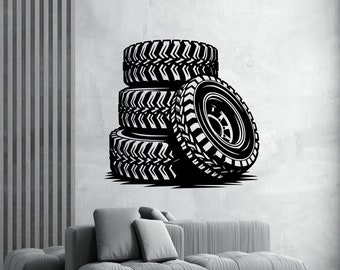 May include: Black and white illustration of four stacked tires with a tread pattern. The tires are stacked in a staggered pattern, with the top tire slightly offset from the bottom tire.