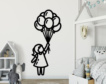 Vinilo decorativo de pared Niña con globos - Habitación infantil - Idea de regalo - Guardería - Decoración de pared - Decoración del hogar - Gráfico de vinilo de alta calidad - Niña con globos