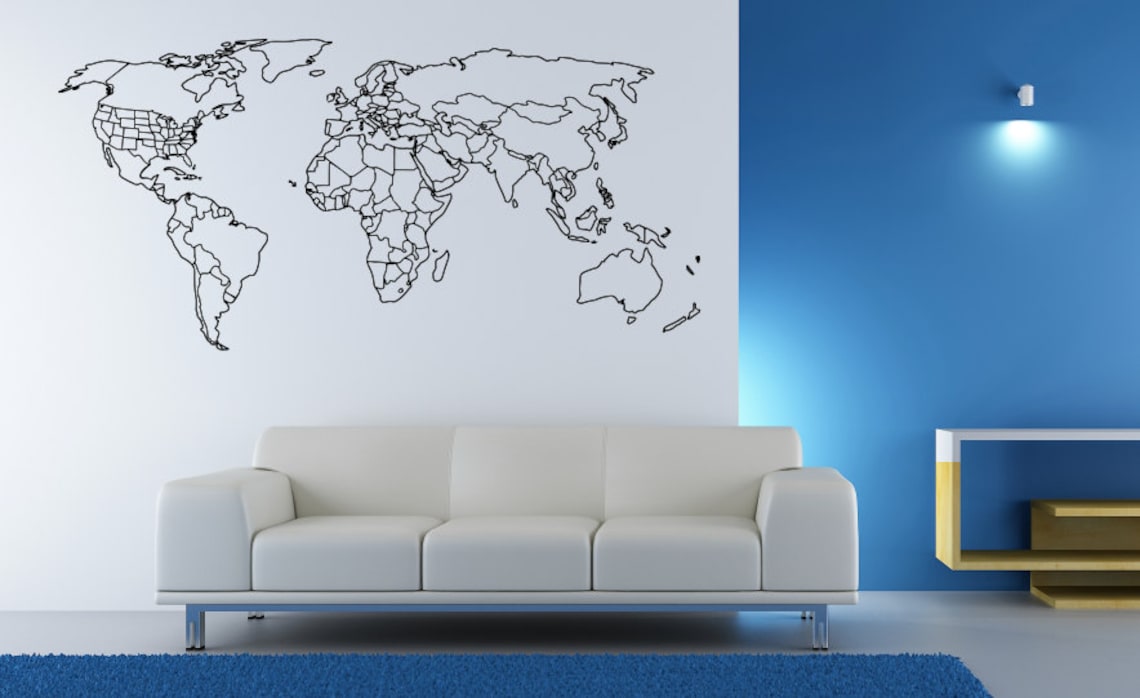 Large World Map Wall Decal With Outlined Countries and United Etsy UK