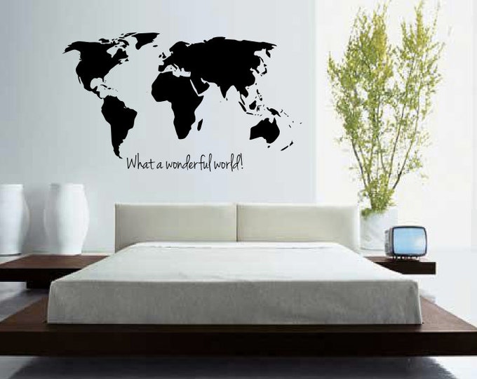 Large World Map with quote What a wonderful world! Wall Decal - Wall art - Home Decor - Living Room - Bedroom - Office - Gift Idea