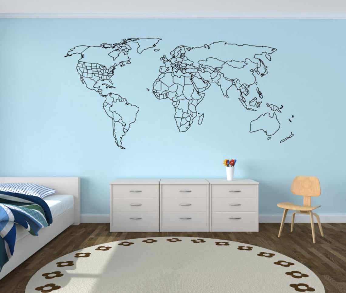 Large World Map Wall Decal With Outlined Countries and United Etsy UK