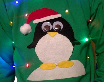 Light Up UGLY CHRISTMAS SWEATER - Penguin!!   (Also available in Hoodie and Kid's Sizes!)  _____**Fast Shipping**_____