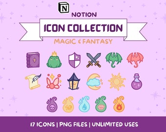 Magical Fantasy Digital Icon Collection for Notion Customization | Cute Notion Icons + Free Notion Template