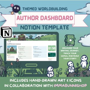Può includere: Un'illustrazione digitale di un modello Notion per autori, che presenta uno schermo di computer che mostra una dashboard con il testo "Studio Guild Author's Dashboard". L'illustrazione è posizionata su uno sfondo verde e blu con nuvole, alberi e personaggi dei cartoni animati.