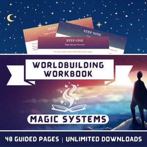 Pode incluir: Um caderno de exercícios com uma capa em degradê roxo, laranja e azul que apresenta a silhueta de uma pessoa em pé no topo de uma montanha com um cajado. O título é "Worldbuilding Workbook: Magic Systems" com o texto "40 Guided Pages | Unlimited Downloads" na parte inferior.