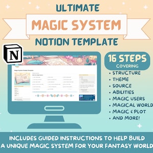 Puede incluir: Una pantalla de ordenador que muestra una plantilla de Notion para construir un sistema de magia. La plantilla se titula "Ultimate Magic System Notion Template" e incluye 16 pasos que cubren la estructura, el tema, la fuente, las habilidades, los usuarios de magia, el mundo mágico, la magia y la trama, y mucho más. La plantilla está diseñada para ayudar a construir un sistema de magia único para un mundo de fantasía.