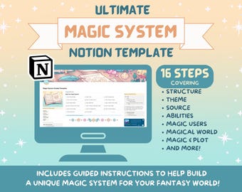 Puede incluir: Una pantalla de ordenador que muestra una plantilla de Notion para construir un sistema de magia. La plantilla se titula "Ultimate Magic System Notion Template" e incluye 16 pasos que cubren la estructura, el tema, la fuente, las habilidades, los usuarios de magia, el mundo mágico, la magia y la trama, y mucho más. La plantilla está diseñada para ayudar a construir un sistema de magia único para un mundo de fantasía.