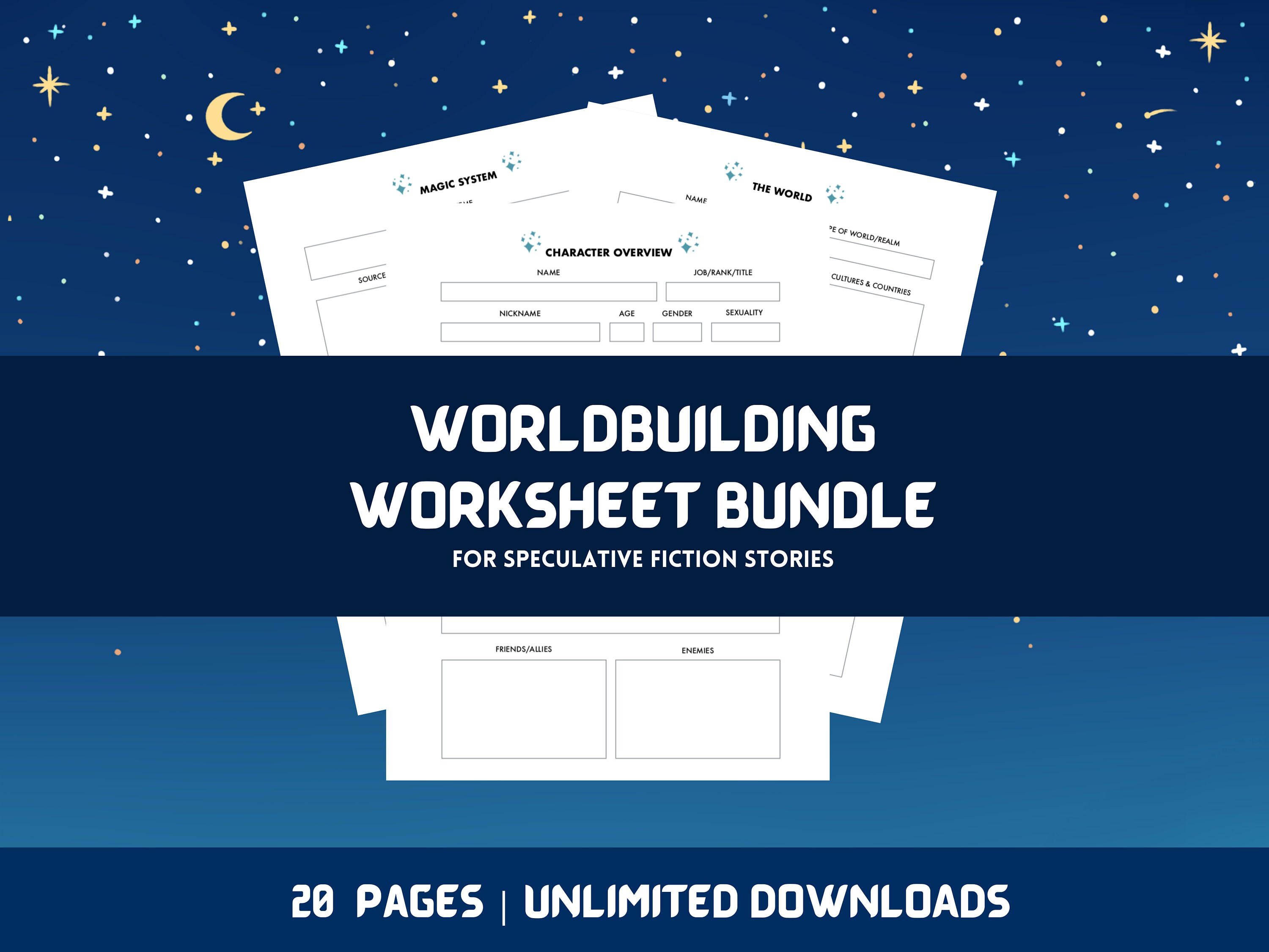 Worldbuiliding Worksheet Bundle | Character, Magic, & Culture Worksheets | NaNoWriMo Story Planning