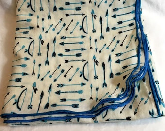 Oversized Organic Cotton Double Guaze Swaddling Blanket made with Birch Fabrics' Wildland Collection Blue Arrows on SALE NOW