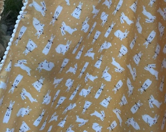 Rabbits Snow Hares Hop on Golden Organic Flannel Swaddling Blanket Trimmed with Mini PomPoms using Cloud9 Fabric Specify White or Black Trim