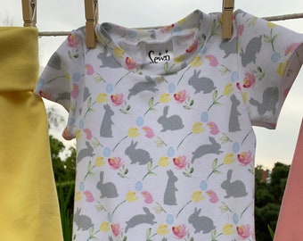 Short Sleeved Onesie with Spring Bunnies and Flowers Coordinated Yoga Style Waistband Wide Legged Pants  in either Yellow or Pink 6 Months