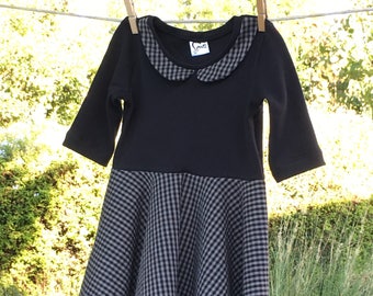 Handmade Knit and Woven Gingham Check Dress Peter Pan Collar Full Circle Skirt Elbow Length Sleeves All Organic Fabrics FREE SHIPPING