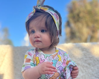 Spring Easter Baby Girl's T-Shirt Style Knit Short Sleeve Dress Smiley Faces or Colorful Peeps on Pastel Reversible Headband Multiple Sizes