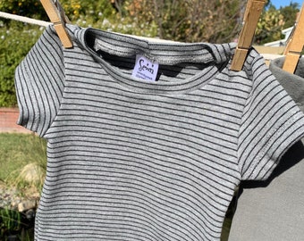 Infants Black and Gray Striped Organic Knit Short Sleeved Top Envelope Neck Opening Preemie to 18 Months Sizes