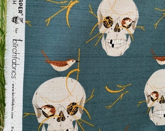 Skulls and Wrens on Mineral Blue Organic Cotton Barkcloth from Birch Fabrics by Charlie Harper Sold by the HALF Yard