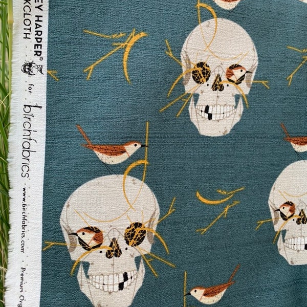 Skulls and Wrens on Mineral Blue Organic Cotton Barkcloth from Birch Fabrics by Charlie Harper Sold by the HALF Yard